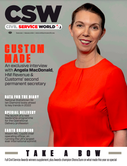 CSW's Jan 2022 issue cover. Angela MacDonald, wearing a red top, against a grey background